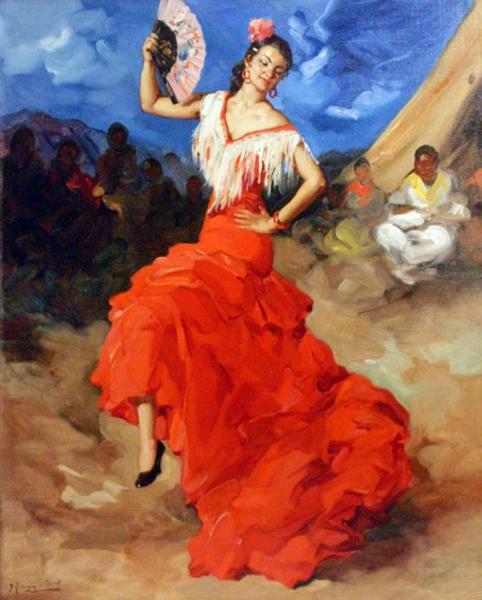 Bailaora Con Traje  De Cola Rojo by Francisco Rodriguez Sanchez Clement Oil Painting Reproductions