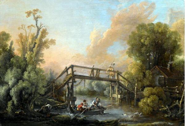 A River Lanscape With A Woman Crossing A Bridge by Francois Boucher
