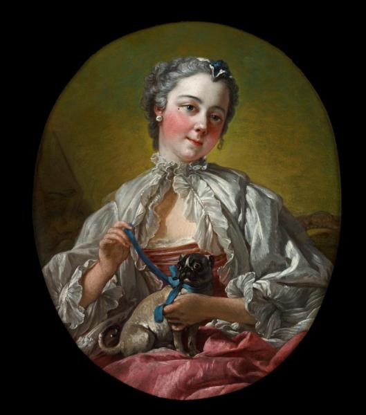 A Young Lady Holding A Pug Dog by Francois Boucher