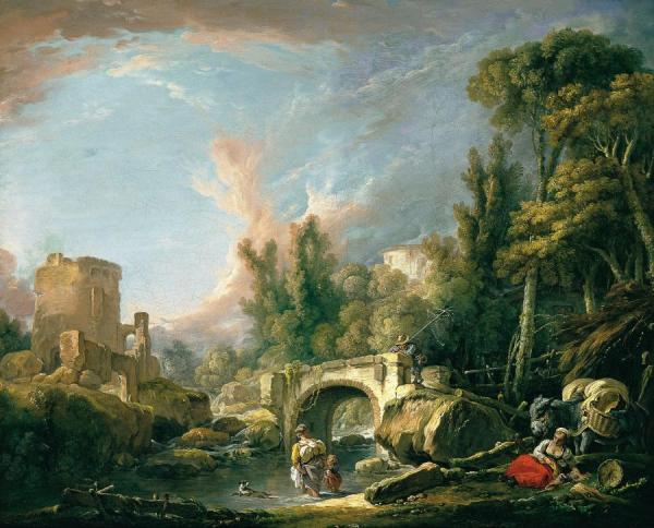 Paysage Fluvial Avec Ruine Et Pont by Francois Boucher
