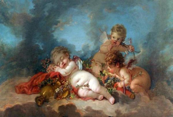 Three Cupids Floating In The Clouds by Francois Boucher