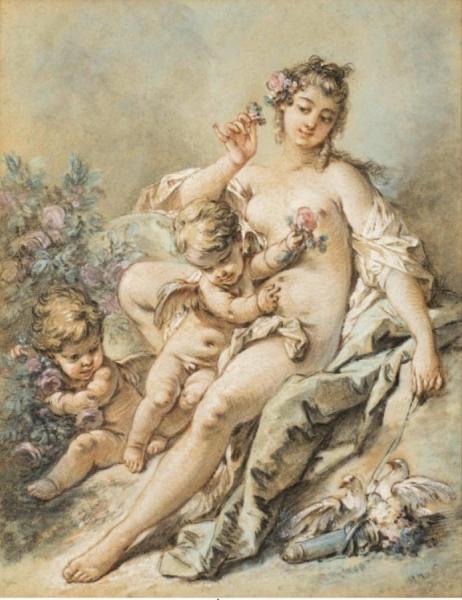 Venus Giving Roses To Two Cupids by Francois Boucher