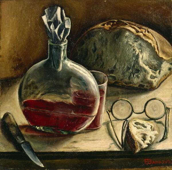 Still Life With Carafe Of Wine, Bread And Glasses by Francois Emile Barraud