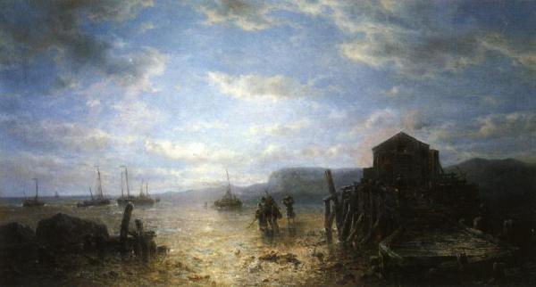 Beached Bomschuiten And Shrimp Fishers By A Jetty At Low Tide by Francois Etienne Musin