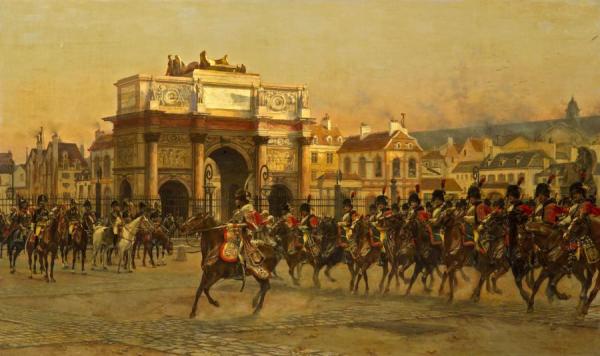 Napoleon And His Staff Reviewing The Mounted Chasseurs Of The Imperial Guard by Francois Flameng Oil Painting Reproductions