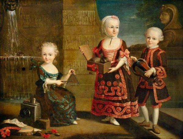 François-hubert Drouais A Girl With A Marmoset In A Box, A Girl With A Triangle Sitting, And A Boy With A Hurdy-gurdy