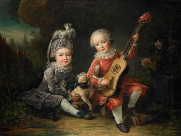 François-hubert Drouais Children Of The Marquis De Béthune Playing With A Dog