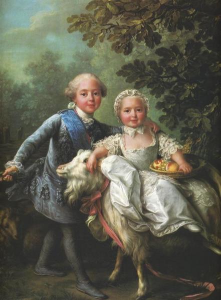 The Comte D'artois And His Sister Clotilde Mounting A Goat by François-hubert Drouais