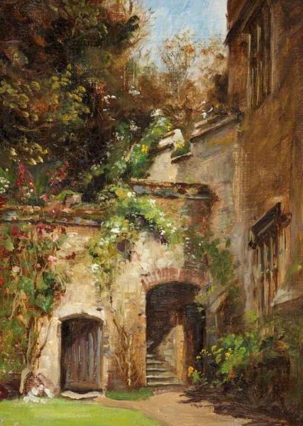 A Corner Of The Garden Against The Castle Walls, Dunster Castle, Somerset by Frank Moss Bennett