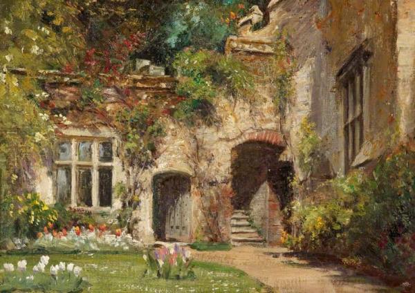A Corner Of The Garden Against The Castle Walls, Dunster Castle, Somerset by Frank Moss Bennett