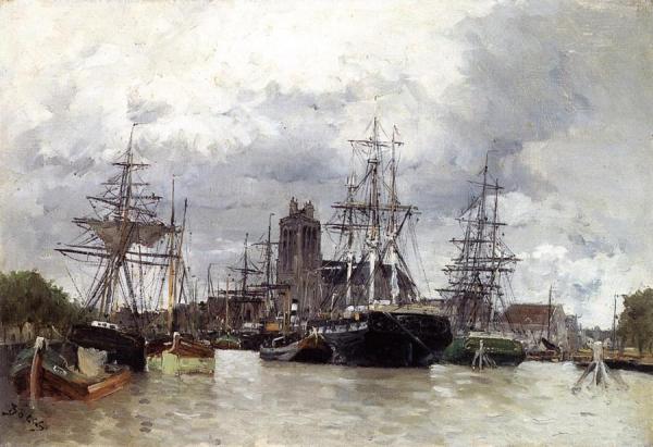 Dordrecht Harbor With Shipping And Cathedral by Frank Myers Boggs