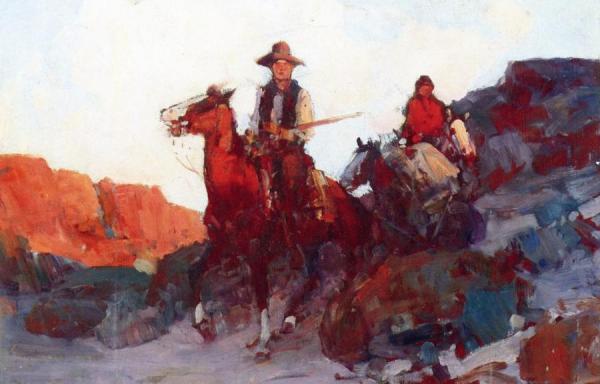 Cowboy And Indian On Horseback by Frank Tenney Johnson Oil Painting Reproductions