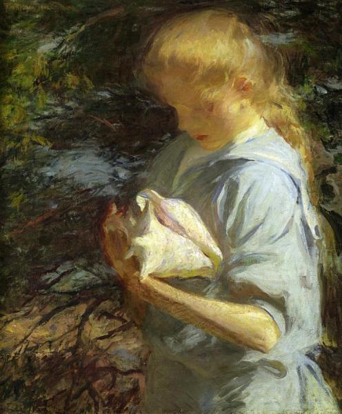 Eleanor Holding A Shell, North Haven, Maine by Frank Weston Benson