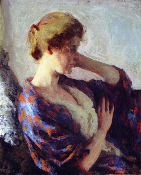 Woman In A Blue Kimono by Frank Weston Benson