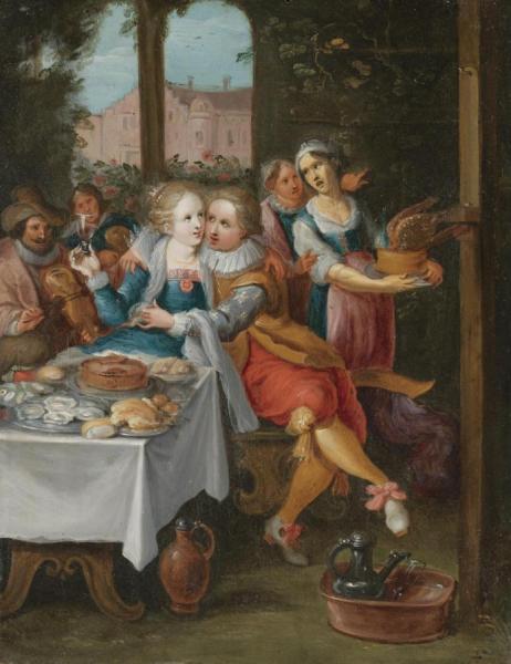 An Elegant Company Feasting With A Courting Couple by Frans Francken The Younger
