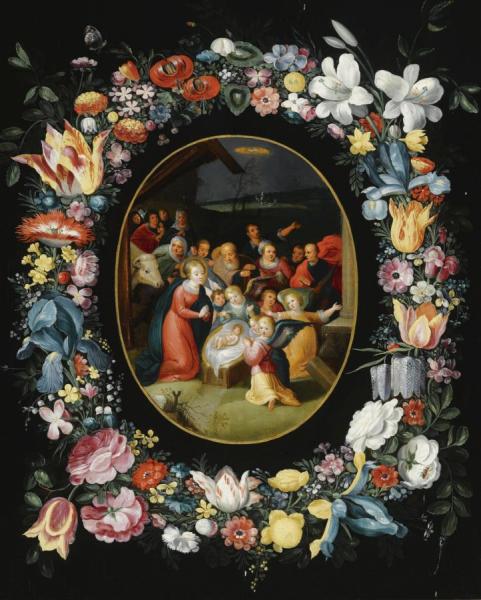 The Adoration Of The Shepherds Surrounded By A Garland Of Flowers, Together With A Butterfly And A Dragonfly by Frans Francken The Younger
