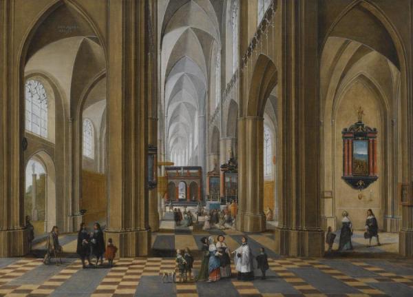 The Interior Of A Gothic Cathedral With Elegant Figures Strolling And Others Attending A Mass by Frans Francken The Younger