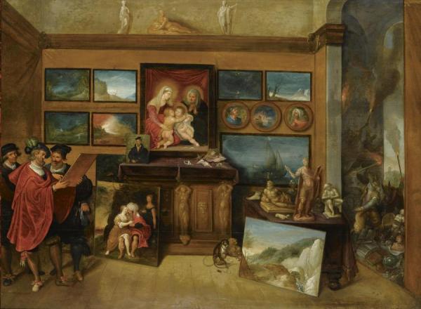 The Interior Of A Picture Gallery With Connoisseurs Admiring A Panel Painting by Frans Francken The Younger