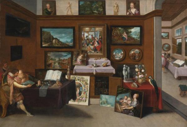 The Interior Of A Picture Gallery With Connoisseurs Admiring Paintings by Frans Francken The Younger