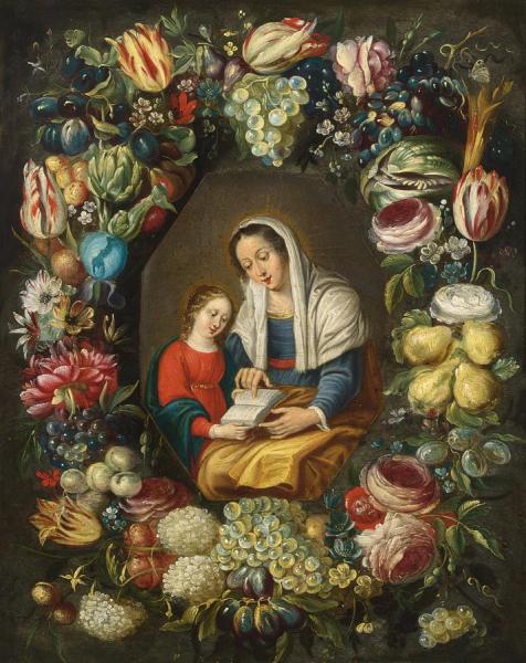 The Madonna And Child Surrounded By A Garland Of Different Flowers And Fruits by Frans Francken The Younger