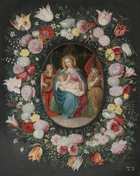The Madonna And Child With Two Angels Surrounded By A Garland Of Flowers by Frans Francken The Younger