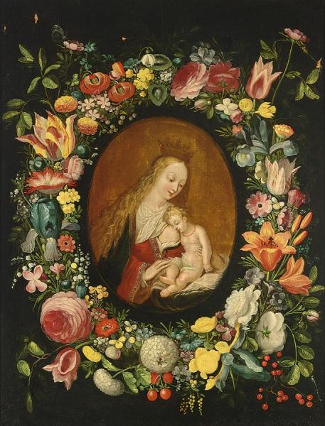 The Virgin And Child Surrounded By A Flower Garland With Roses by Frans Francken The Younger