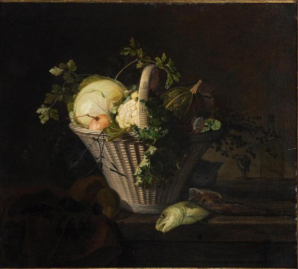 Still Life With Basket Of Vegetables And Fish by Frants Bøe