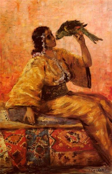 A Moroccan Beauty Holding A Parrot by Frantz Charlet