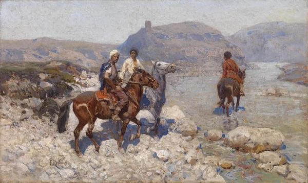 Circassian Horsemen Crossing A Ford by Franz Alexeevich Roubaud