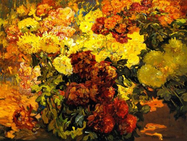 Peonies And Mums by Franz Bischoff