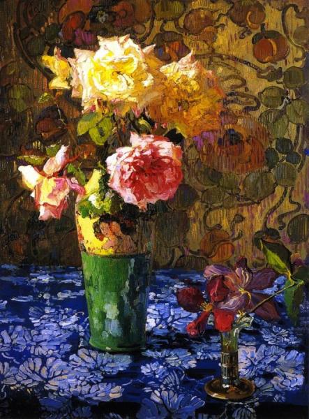 Roses In A Atall Glass by Franz Bischoff