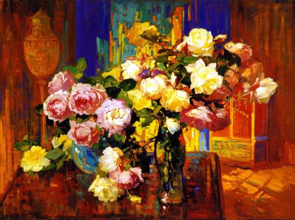 Roses In A Atall Glass by Franz Bischoff