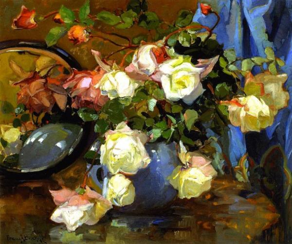 Roses In A Blue Bowl by Franz Bischoff
