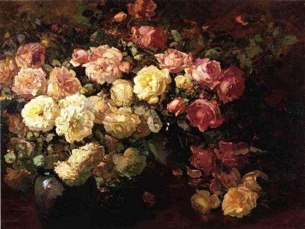 Franz Bischoff Still Life With White And Pink Roses