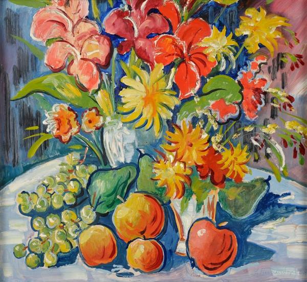 Still Life With Flowers And Fruit by Franz Heckendorf