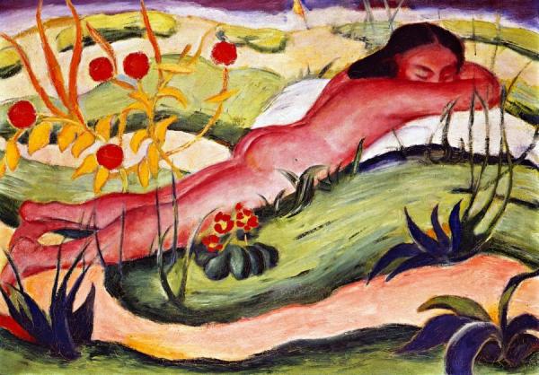 Nude Lying Among Flowers by Franz Marc