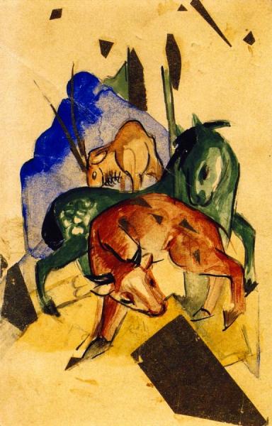 Three Animals On The Blue Mountain by Franz Marc