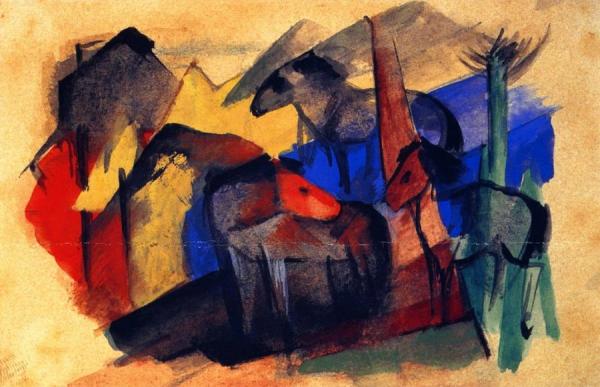Three Horses In Landscape With Houses by Franz Marc