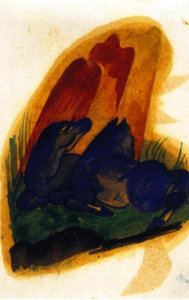 Two Blue Horses In Front Of A Red Rock by Franz Marc
