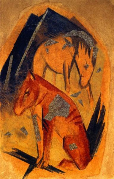 Two Horses In Front Of A Blue Mountain by Franz Marc