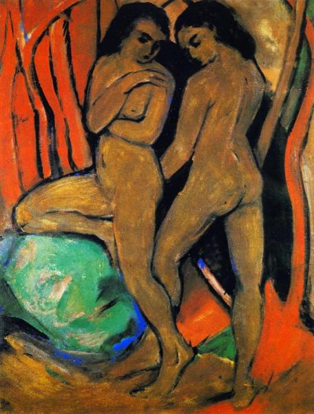 Two Standing Nudes With Green Rock by Franz Marc