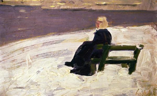 Woman In A Winter Landscape On A Green Bench by Franz Marc
