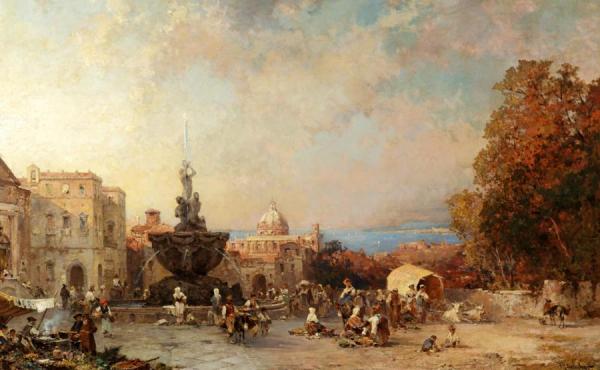 A Market In Naples by Franz Richard Unterberger Oil Painting Reproductions