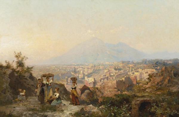 Figures On A Hill Overlooking Pompeii by Franz Richard Unterberger Oil Painting Reproductions