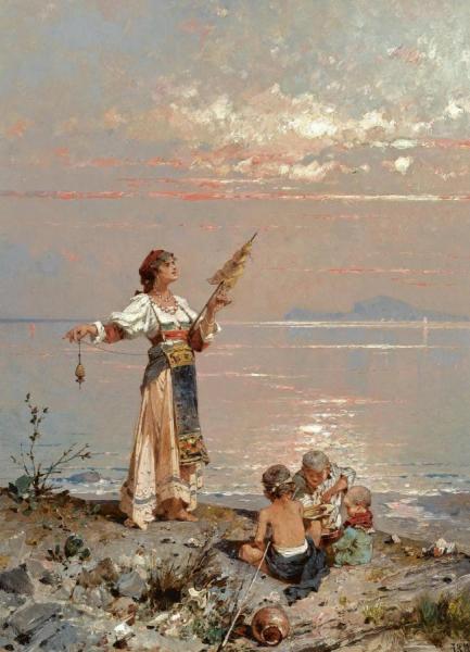 Figures On The Shore In The Bay Of Naples by Franz Richard Unterberger Oil Painting Reproductions