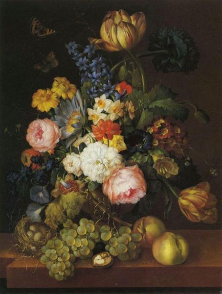 Flowers And Fruit With A Birds Nest On A Ledge by Franz Xavier Petter