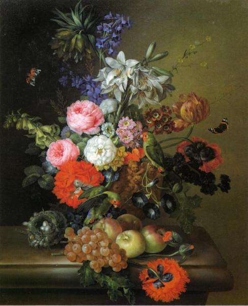 Still Life With Flowers, Parakeets And Butterflies by Franz Xavier Petter