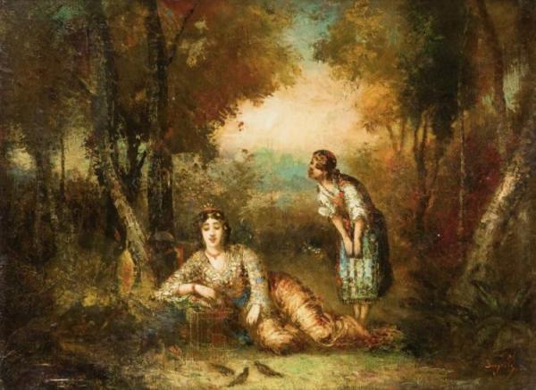 Odalisque With Her Bird Cage by Frédéric Borgella Oil Painting Reproductions