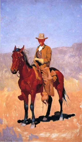 Mounted Cowboy In Chaps With Race Horse by Frederic Remington