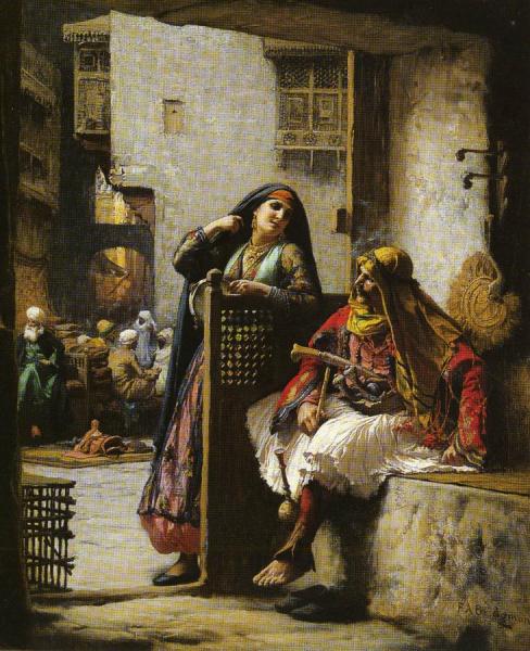 Almeh Flirting With An Armenian Policeman In Cairo by Frederick Arthur Bridgman
